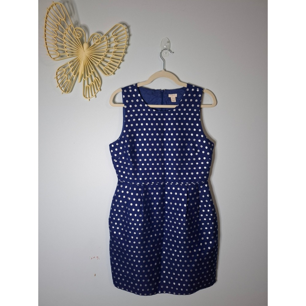 J.Crew Blue Silver Metallic Polka Dot Silk Blend Dress A0115 Size 8